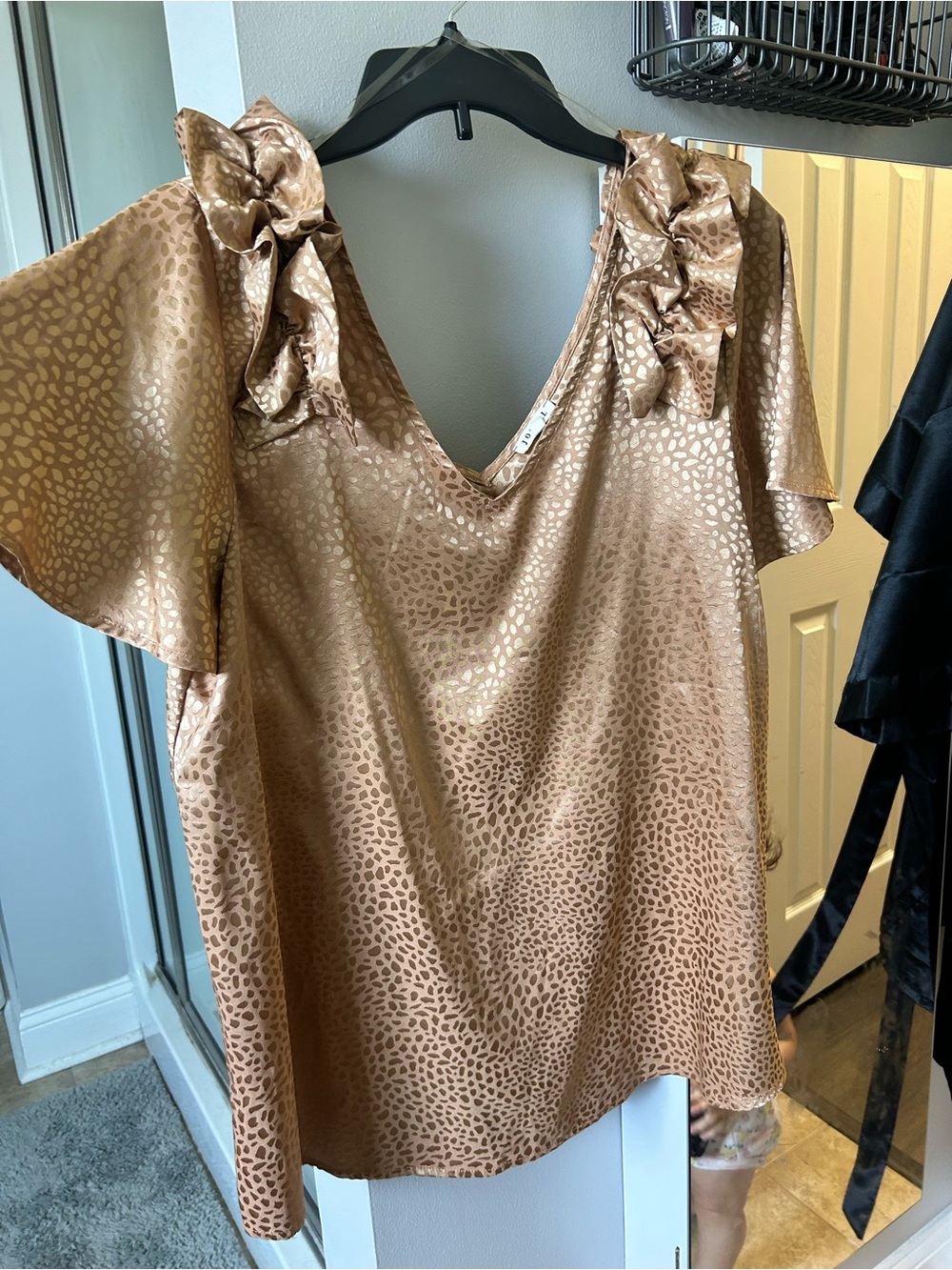 JODIFL Metallic Bronze Ruffle Shoulder V-Neck Blouse